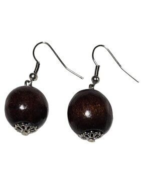 Handcrafted Wooden Bead Dangle Earrings Silver Filigree Accents Retro Jewelry